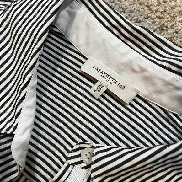 Lafayette 148 Ruxton Stripe Cotton Poplin Button Shirt Castle Grey Silver Medium - Picture 2 of 8